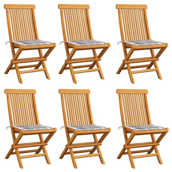 vidaXL Chaises de jardin coussins à carreaux gris lot de 6 Teck massif