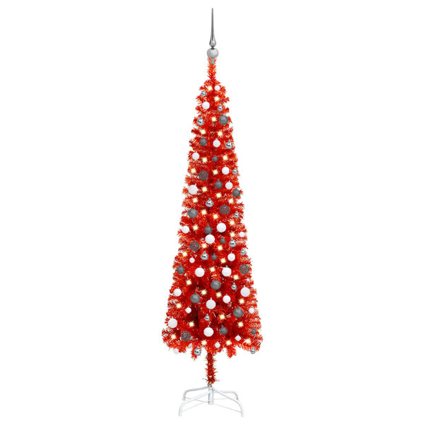 vidaXL Arbre de Noël mince pré-éclairé et boules rouge 210 cm