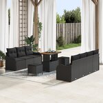 Ensemble de canapé de jardin 10 pièces avec coussins en rotin synthétique noir et acacia