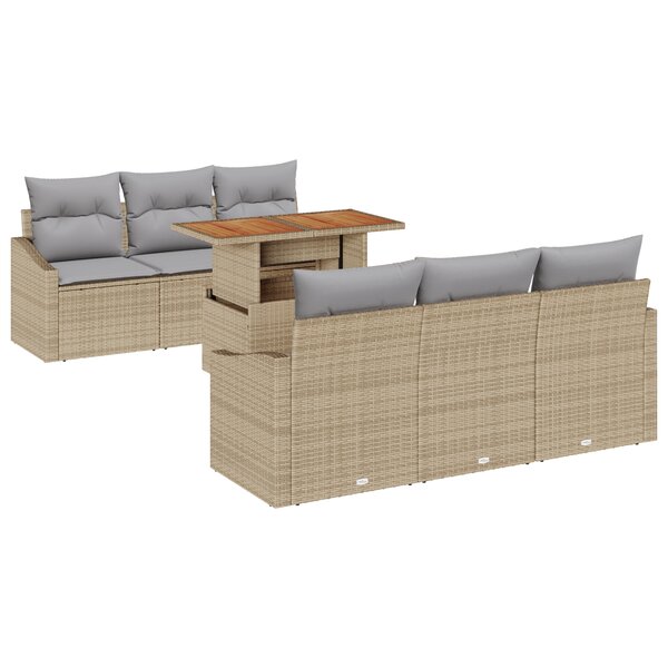 vidaXL Ensemble de Jardin 7 Pièces avec Coussins Beiges en Rattan Poly et Acacia
