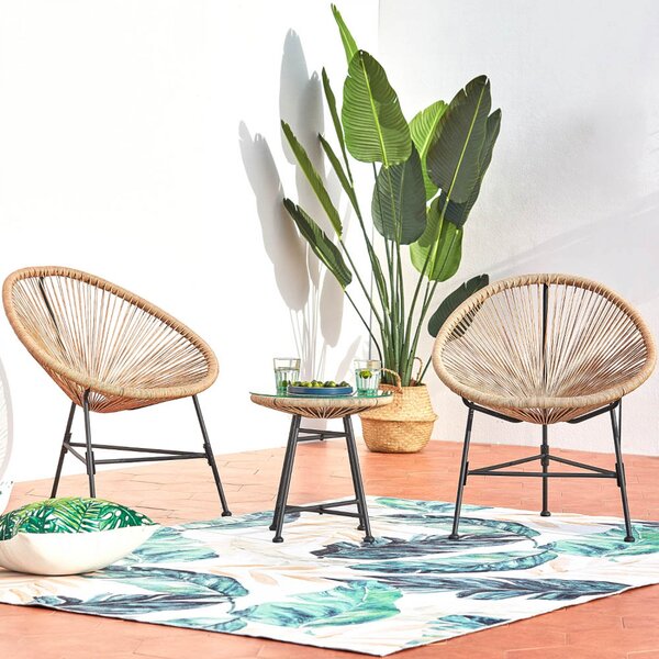 Le Luna : salon de jardin beige 2 fauteuil oeuf et 1 table