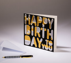Carte double sparkle - happy birthday - papier paillette noire  dorures or et argent