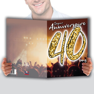 MAXI Grande Carte Géante XXL pour ANNIVERSAIRE 40 ANS Mixte H/F + Enveloppe format 32x23cm - Chiffres Nombre Doré Fêter Danser les mains en l'air Musique Ambiance Concert - Fabriqué en France MX-5040