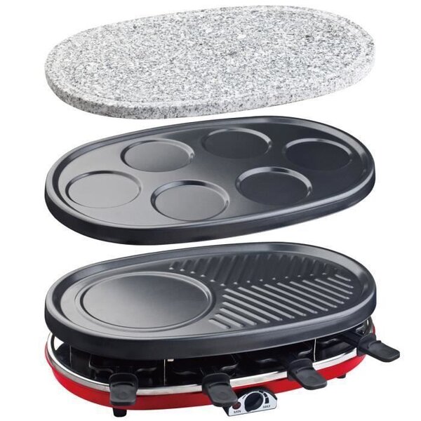 HKoeNIG RP418 - Appareil a Raclette 4 en 1 - 8 personnes - 6 mini crepes - Grill - Température réglable - 1500W  - Plaques amovibles