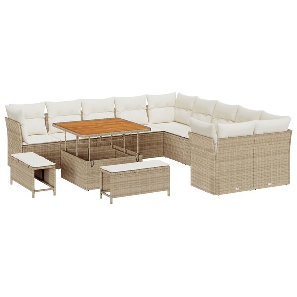 Ensemble de canapés de jardin de 13 pièces avec coussins beige poly rotin acacia
