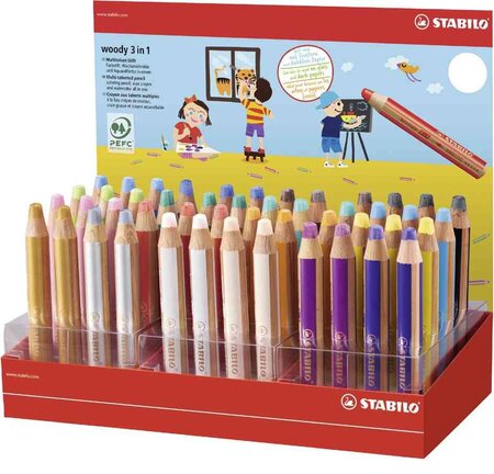 Présentoir x 48 crayons de couleur multi-talents woody 3in1 + 1 taille-crayon STABILO