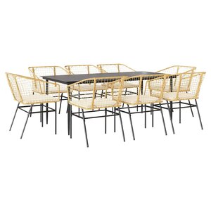 vidaXL Ensemble à manger jardin coussins 9Pièces marron poly rotin verre