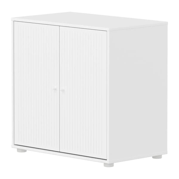 Flexa SAGA Meuble de rangement bas 2 portes a facades rainurees Blanc Boutons metalliques blancs