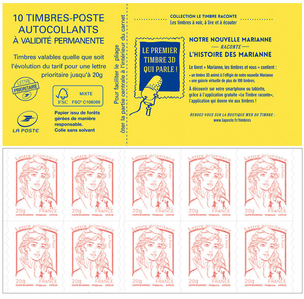 Carnet de 10 timbres Marianne - Rouge - Couverture Le Timbre 3D