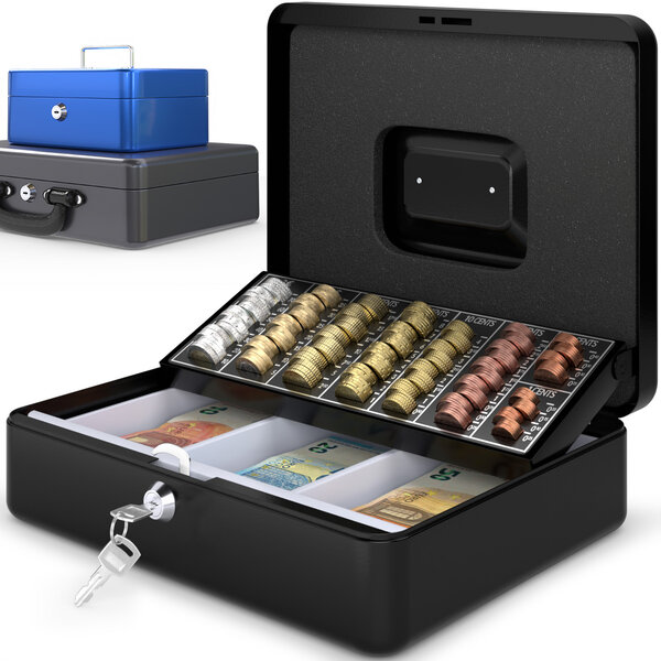 ACROPAQ Caisse à monnaie Acier - 3 Compartiments à monnaie - Coffret monnaie à 2 clés Monnayeur et Poignée de transport robuste
