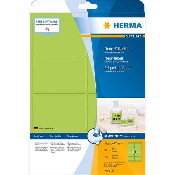 Boite de 160 étiquettes superprint 99,1 x 67,7 mm vert néon, 20 feuilles a4 herma