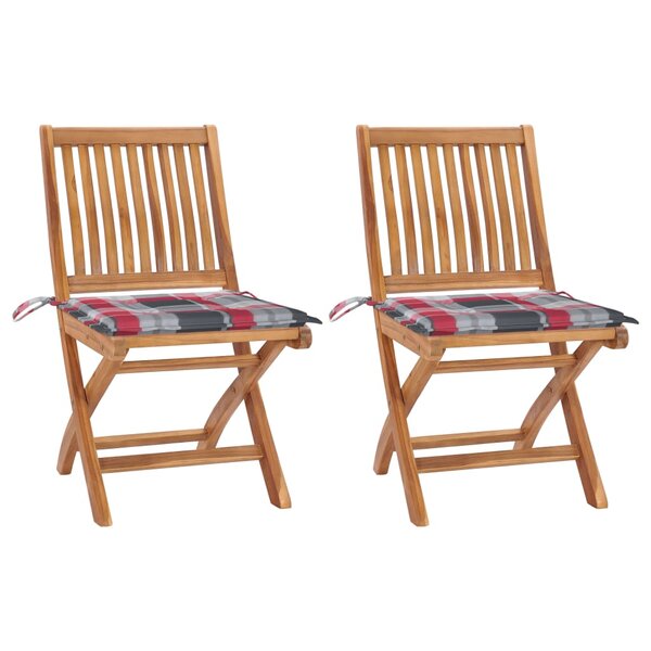 vidaXL Chaises de jardin lot de 2 avec coussins à carreaux rouge Teck