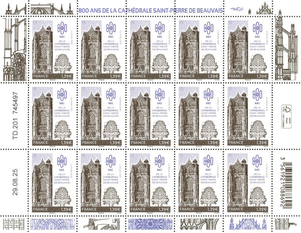 Feuille de 15 timbres - Mulhouse - 800 ans de la cathédrale Saint-Pierre de Beauvais - Lettre Verte