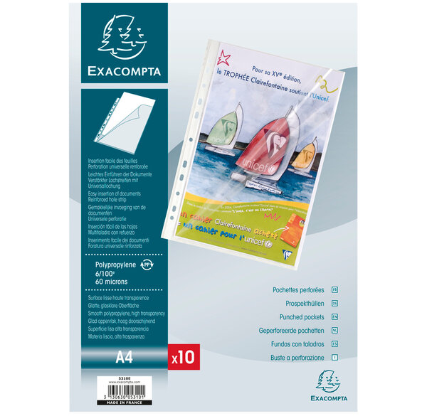 Sachet de 10 pochettes perforées ouverture haut et côté polypro lisse 6/100e A4 x 10 EXACOMPTA