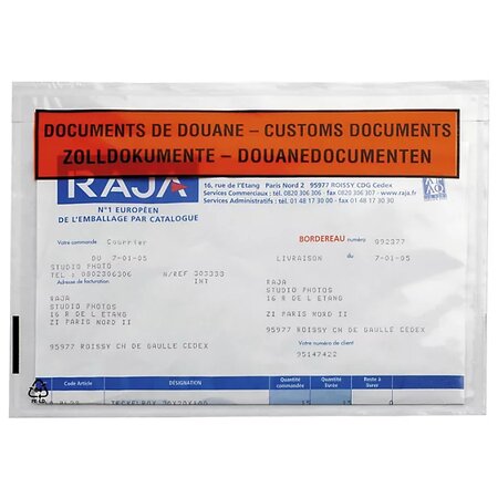 Pochette porte-documents adhésive raja eco documents de douane (4 langues) 225x165 mm (lot de 1000)