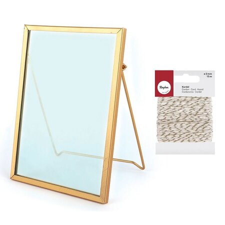 Cadre verre vintage rectangle 13 x 18 5 cm + Ficelle dorée & blanche