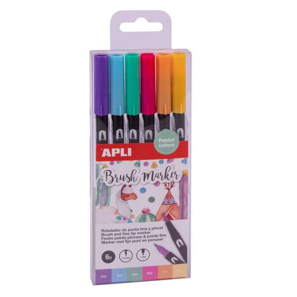 Marqueurs Apli Double Ended Aquarelle - 1-4mm et 1mm - Tons Pastel - Encre à Base d'Eau - Miscible - Pack 6 Couleurs