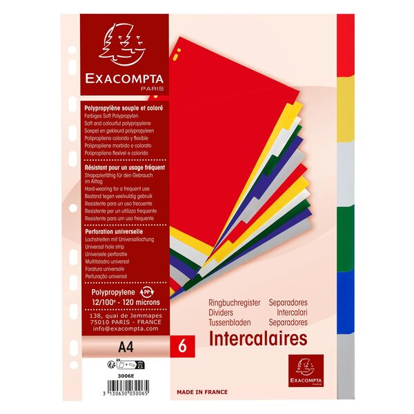 Intercalaires Polypropylène Souple 6 Positions - A4 - Couleurs Assorties - Exacompta