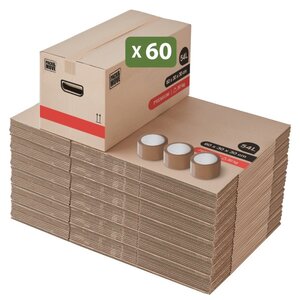 Pack and Move- Lot 60 Cartons Déménagement Premium - 60 X 30 X 30 - Extrême Résistance 25KG - Réutilisable - Poignées Renforcées - 3 Adhésifs Offerts