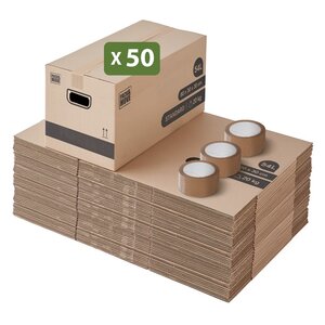 Pack and Move - Lot 50 cartons déménagement stockage standard - 60 x 30 x 30 cm - Poignées renforcées - 3 adhésifs offerts