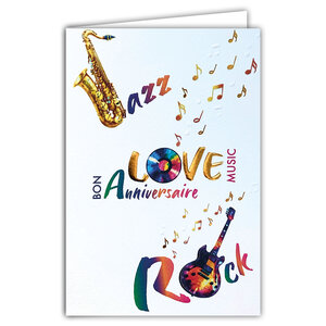 69-3120 Carte Anniversaire Musique Rock Musicien Musicienne Guitare Saxophone Disque Peinture Aquarelle - Finitions Dorure Or Doré + Gaufrage en Relief +1 Enveloppe Format 12x17cm - Fabriqué en Europe