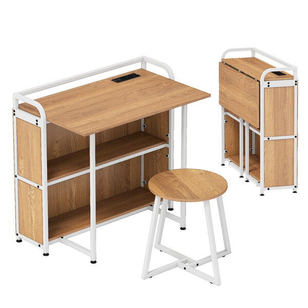 Bureau pliable avec tabouret 90 x 55 x 83 cm station d'alimentation intégrée ergonomique style rustique en bois marron 20_0010938