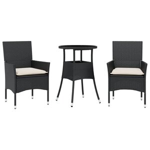 vidaXL Ensemble à manger de jardin et coussins 3 Pièces noir rotin verre