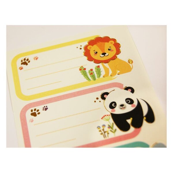 12 étiquettes adhésives scolaires - Rectangle - Petits animaux - Dorures