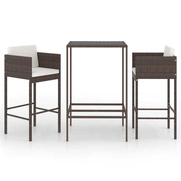 vidaXL Meubles de bar de jardin 3Pièces et coussins Résine tressée Marron