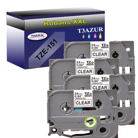 4 x Rubans pour étiquettes laminées générique Brother Tze-151 pour étiqueteuses P-touch - Texte noir sur fond transparent - T3AZUR