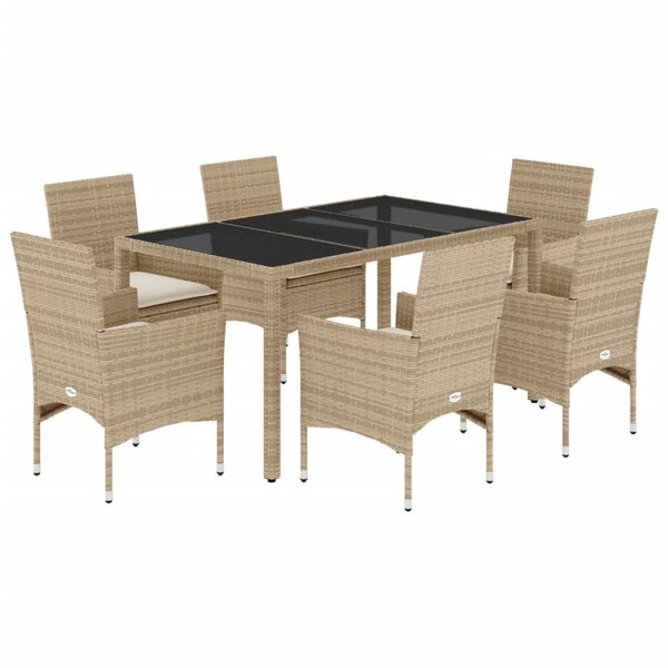vidaXL Ensemble à manger de jardin et coussins 7 Pièces beige rotin verre