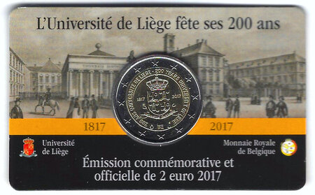 Monnaie 2 euros commémorative belgique 2017 coincard - université de liège