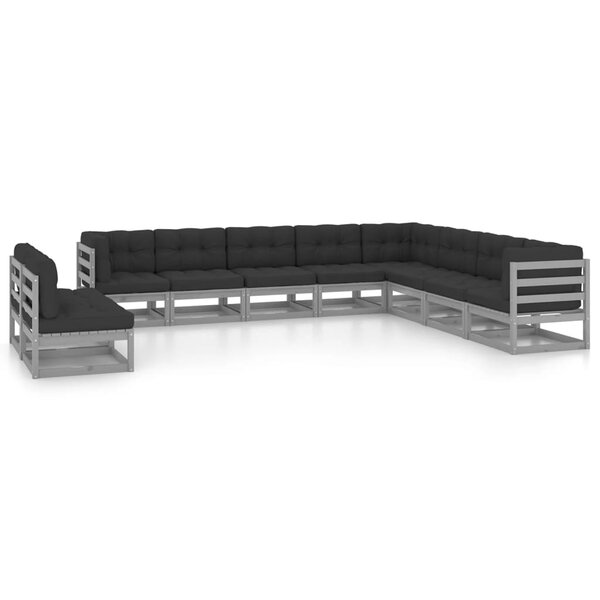 vidaXL Salon de jardin 10 Pièces avec coussins Gris Bois de pin massif