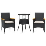 vidaXL Ensemble à manger de jardin et coussins 3 Pièces noir rotin verre