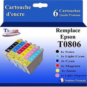 T3AZUR- 6x Cartouches Compatibles avec Epson T0801 T0802 T0803 T0804 T0805 T0806 remplace Epson Stylus Photo R217 R265 R276 R285 R360 R685 Noire