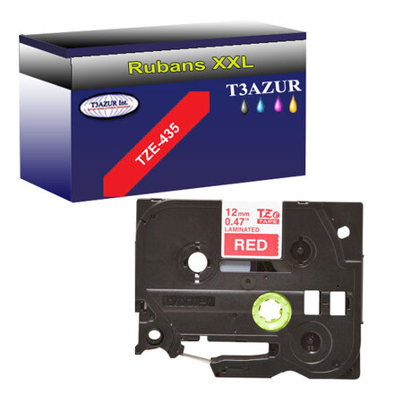 Ruban pour étiquettes laminées générique Brother Tze-435 pour étiqueteuses P-touch - Texte blanc sur fond rouge - Largeur 12 mm x 8 mètres - T3AZUR