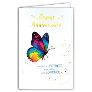 69-3107 Carte Anniversaire pour Fille Femme Papillon peint à l'Aquarelle Légèreté Célébrer Journée - Finitions Dorure Or Doré + Gaufrage en Relief +1 Enveloppe Format 12x17cm - Fabriqué en Europe