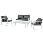 Salon de jardin ensemble de jardin table basse avec canapé et chaises extérieures métal verre polyester blanc 03_0003586