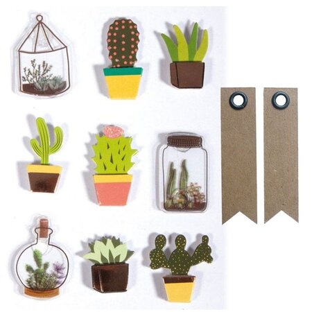 9 stickers 3D cactus & botanique 4 cm + 20 étiquettes kraft Fanion