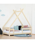 Lit Tipi enfant avec barrière bois massif gris 140 x 200 cm
