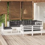 vidaXL Salon de jardin 9 Pièces avec coussins blanc bois de pin massif