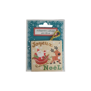 6 Étiquettes Cadeaux Noël Cordon Doré - Père Noêl Et Son Traineau