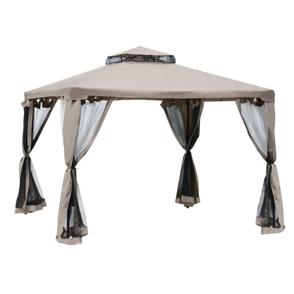 Pavillon de jardin tonnelle barnum style colonial double toit toiles moustiquaires amovibles zippées taupe