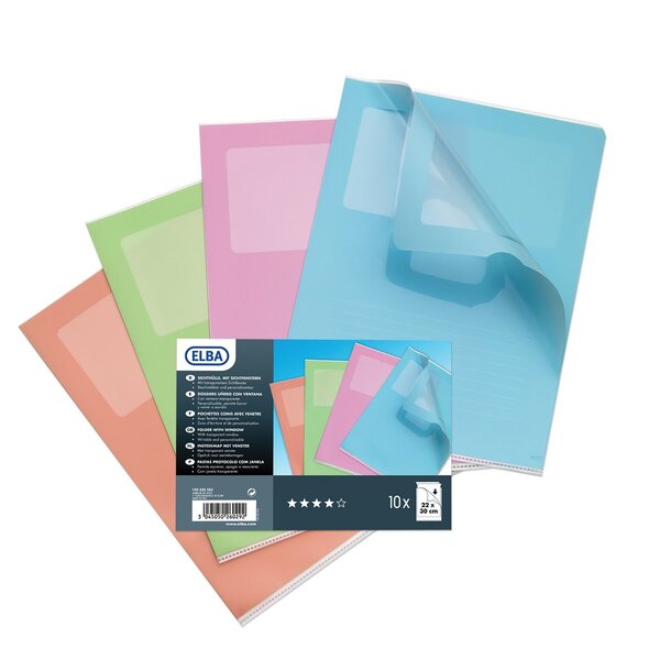 Sachet de 10 pochettes coins A4 polypropylène lisse 14/100ème assortis ELBA