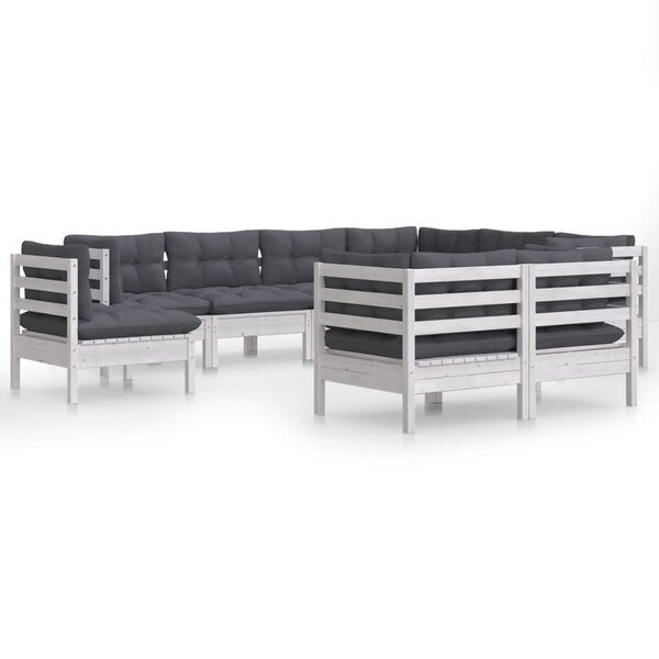 vidaXL Salon de jardin 9 Pièces avec coussins blanc bois de pin massif