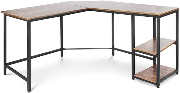 Bureau d'ordinateur d'angle avec étagères 138 cm mdf cadre en fer style industriel rustique bureau informatique en forme de L table d'étude de travail marron 01_0000095