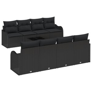 Ensemble de 9 pièces de canapés de jardin avec coussins noir en poly rotin