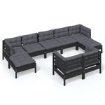 vidaXL Salon de jardin 9 Pièces avec coussins Noir Bois de pin massif