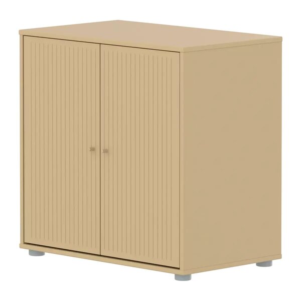Flexa SAGA Meuble de rangement bas 2 portes a facades rainurees Beige sable Oat Boutons metalliques Oat