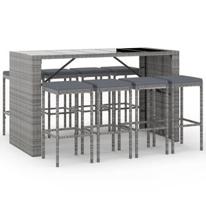 vidaXL Ensemble de bar de jardin 9 Pièces avec coussins gris poly rotin